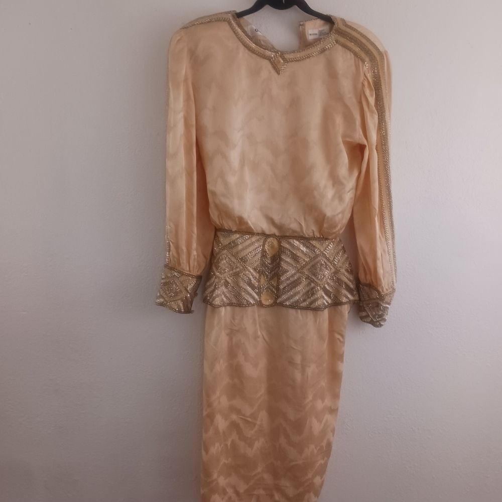 D'ore Vintage Heavy Beaded Dynasty Taupe Silk Dress size 8